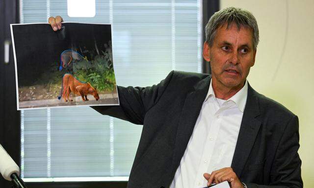 Michael Grubert, Bürgermeister der Gemeinde Kleinmachnow, zeigt ein Bild der vermeintlichen Löwin. 