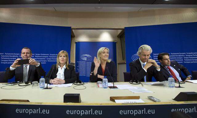 Member of the anti-European Union group called Europe of Nations and Freedoms in the European Parliament hold a joint news conference at the European Parliament in Brussels