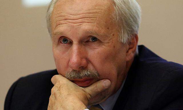 President of the Austrian National Bank and European Central Bank Governing Council member Ewald Nowotny attends a news conference in the building of the Central Bank of Cyprus in Nicosia