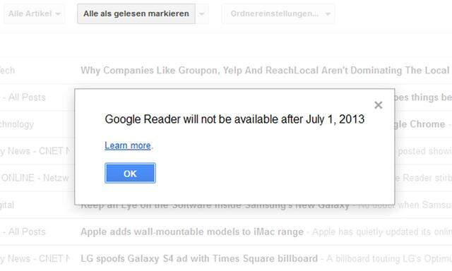 RSSDienst Google Reader sperrt