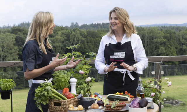 Moderatorin Bianca Ambros und Neos-Chefin Beate Meinl-Reisinger beim Puls24-Sommergespräch im Irenental.