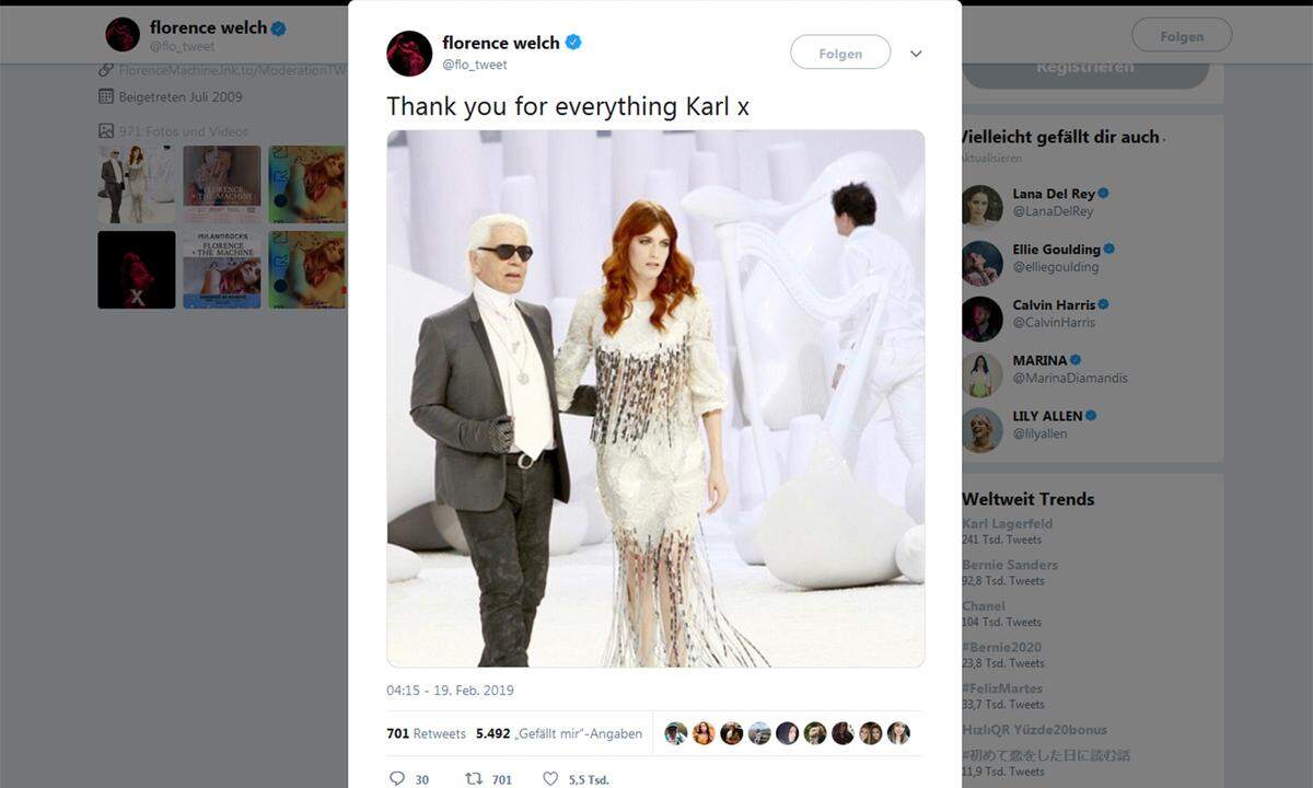 Florence Welch bedankt sich "für alles Karl".