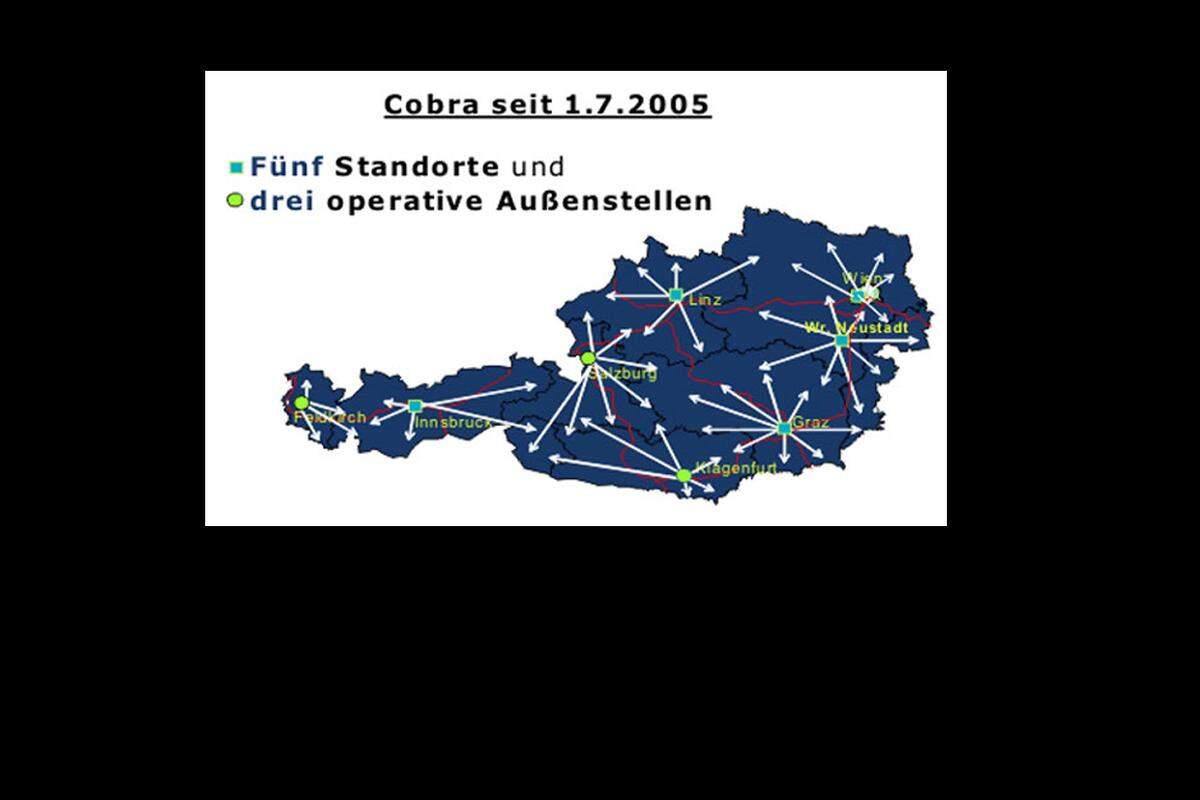 Insgesamt gibt es die fünf Standorte Wiener Neustadt, Wien, Graz, Linz und Innsbruck sowie die operativen Außenstellen in den Bundesländern Kärnten, Salzburg und Vorarlberg. Somit ist sichergestellt, dass das gesamte Bundesgebiet innerhalb von 70 Minuten von Cobra-Kräften erreicht werden kann.