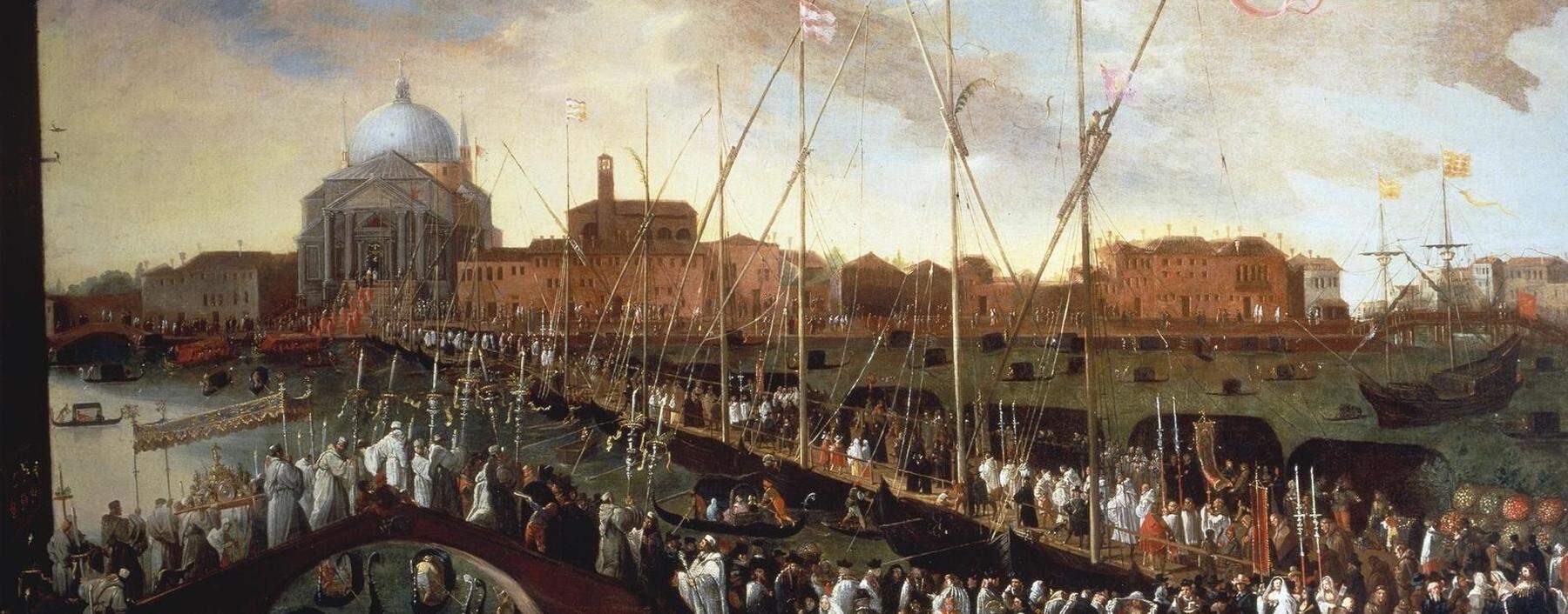 Jedes Jahr im Juli beging Venedig auf der Pontonbrücke vor der Kirche Il Redentore eine Prozession zur Erinnerung an die Pest von 1576. Gemälde von Joseph Heintz.