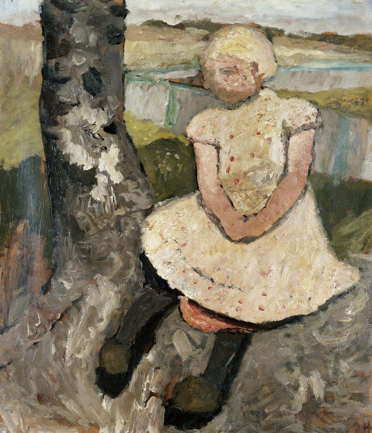 Original: Paula Modersohn-Becker, Sitzendes Kind unter einem Baum, um 1905, Öl auf Holz.