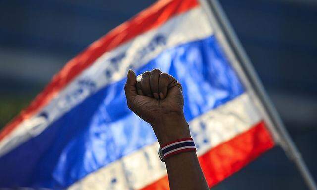 An anti-government protester raises a fist during a rally outside a  government office where Prime Minster Yingluck had been holding a meeting in Bangkok