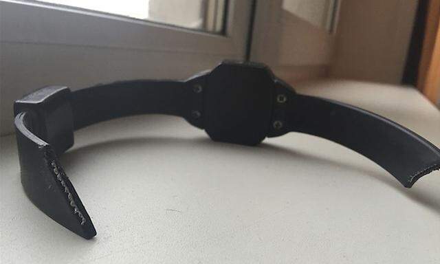 Russian opposition leader and anti-corruption blogger Alexei Navalny's electronic monitoring bracelet, which was cut off, is pictured in Moscow