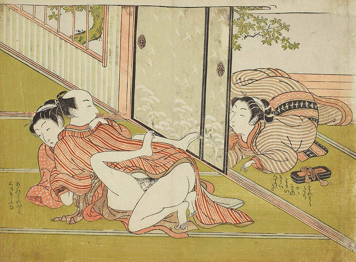 Klimt besaß etwa ein Faksimile eines relativ alten, also noch schwarz-weißen Shunga-Albums. Suzuki Harunobu (ca. 1725–1770, zugeschrieben), Belauschtes Liebespaar, um 1770. Farbholzschnitt