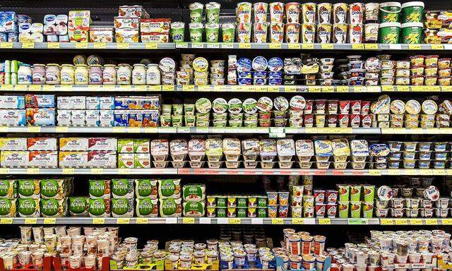 Supermarkt Regal mit verschiedenen Produkten Kuehlregal Fertigprodukte Fertiggerichte Milchprod
