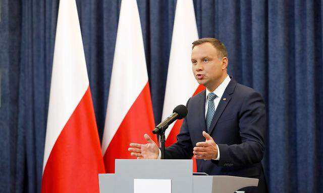 Poland's President Duda speaks during his media announcement about Supreme Court legislation in Warsaw
