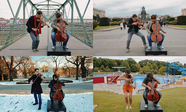 Im Stadtpark, in der Spanischen Hofreitschule und im Kran: Mehr als ein Jahr lang haben Klemens Bittmann (Geige) und Matthias Bartolomey (am Cello) in ganz Wien gedreht. Auf Facebook wurde das Video weltweit mehr als eine Million Mal aufgerufen.