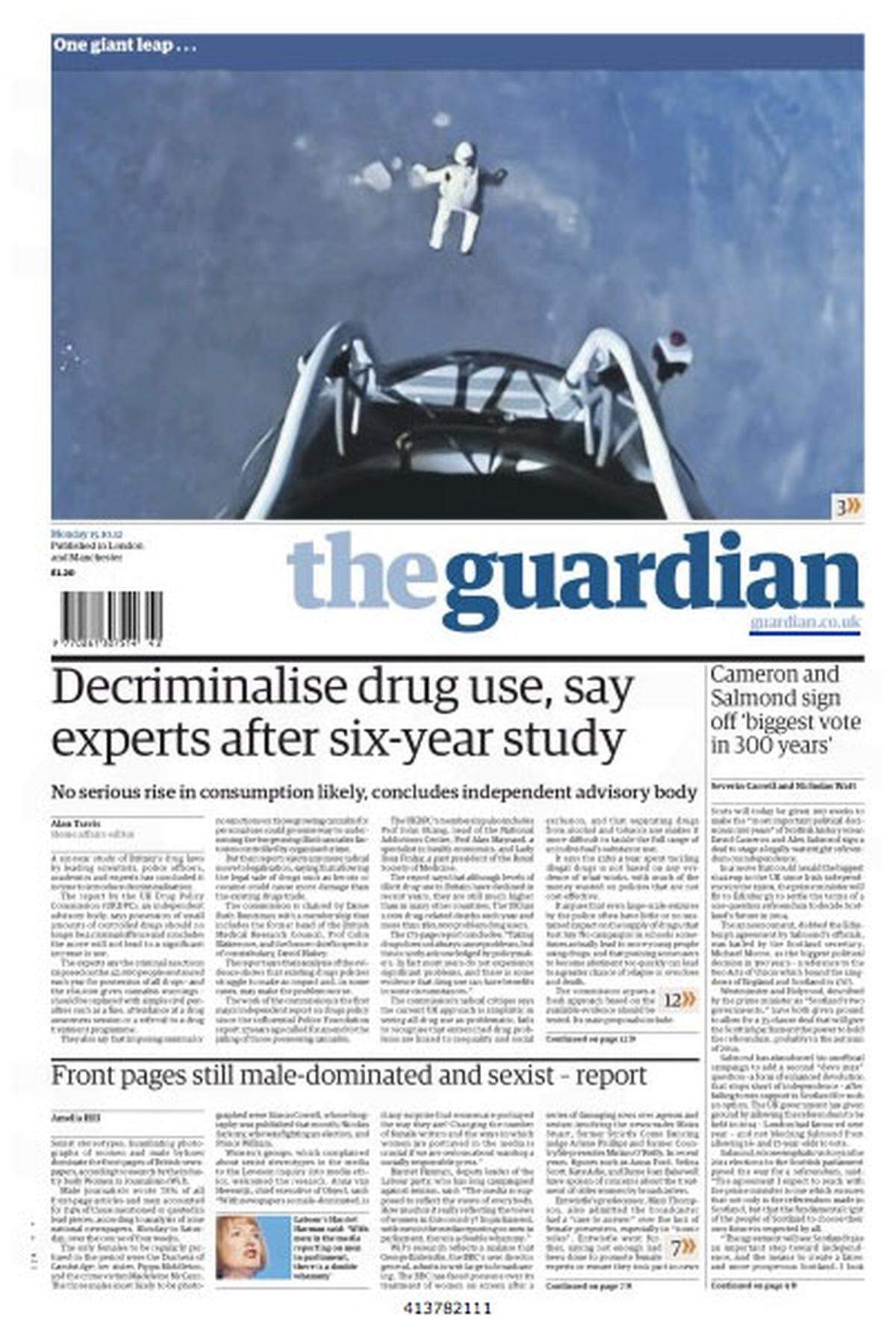 "One giant leap" - in der Print-Ausgabe des englischen "Guardian". gab es zuvor nur eine knappe Schlagzeile und ein großes Bild.