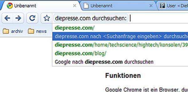 Es wäre nicht Google, wenn die Suchfunktionalität des neuen Browsers nicht bis ins letzte Detail durchdacht wäre. Hat man einmal auf einer Webseite eine Suchanfrage über eine eigene Suchbox ausgelöst (etwa hier), kann man das künftig auch direkt über die URL-Leiste machen. Dazu gibt man einfach die URL der entsprechenden Seite ein und drückt dann die "Tab"-Taste.