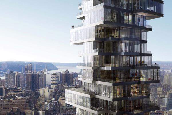 Aktueller Wert: 43 Millionen Euro Insgesamt vier der zehn teuersten Penthäuser befinden sich in New York. Das Ranking eröffnet dieses markante Gebäude  in Manhattan (man nennt es auch "Jenga"-Tower), das noch nicht offiziell eröffnet wurde. Die Wohnungen im 250 Meter hohem Haus der Schweizer Architekten Herzog & de Meuron wurden bereits fast alle verkauft.