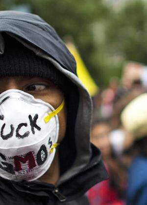 A demonstrator takes part in a protest against U.S.-based Monsanto Co. and genetically modified organisms (GMO), in New York