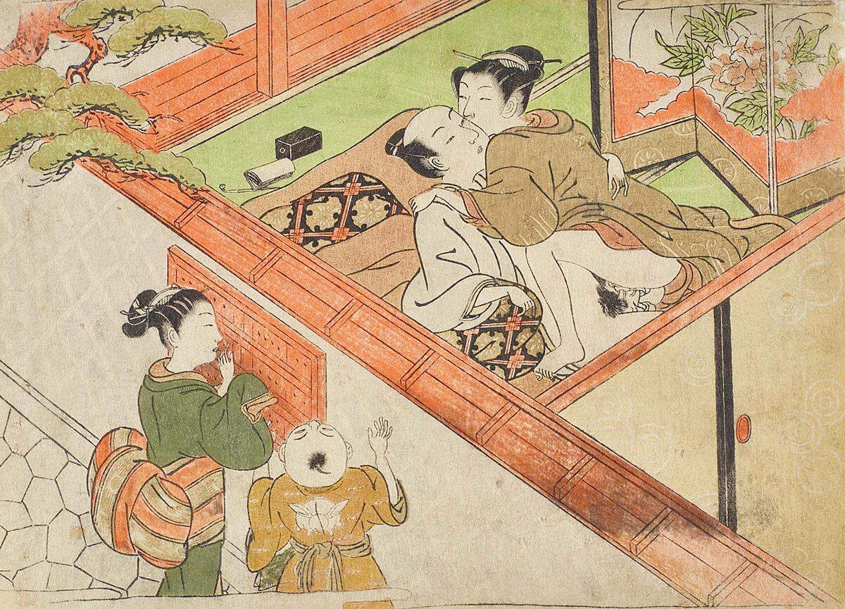 Es sei auch die erste derart große Shunga-Ausstellung im deutschsprachigen Raum überhaupt, meint MAK-Asiatika-Spezialist Johannes Wieninger. Isoda Koryūsai (1735–1790), Liebespaar mit jungen ZuseherInnen, um 1775. Farbholzschnitt