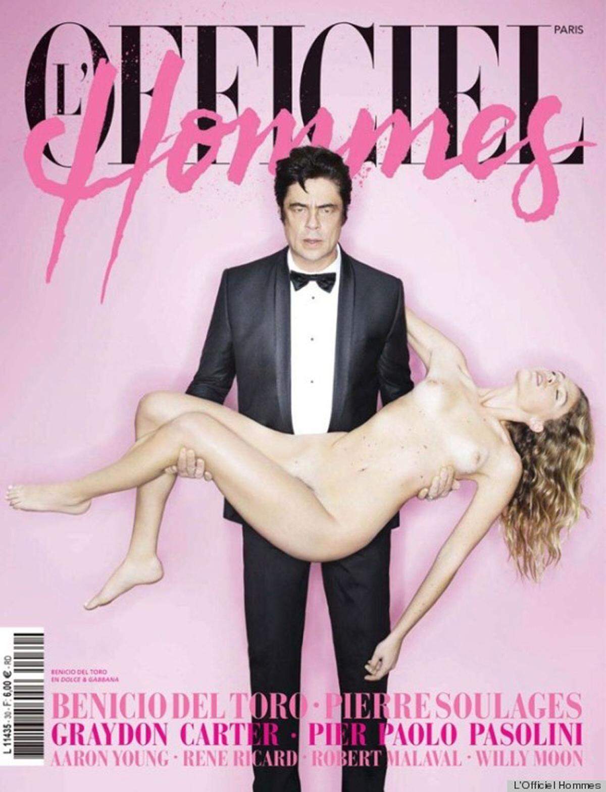 Neben Photoshop-Fehlern sorgten 2012 wieder einige Cover für Aufregung, darunter etwa Schauspieler Benicio del Toro mit einer bewusstlosen und nackten Frau auf dem Cover von L'Officiel Hommes. Nachlese: Skandal-Cover