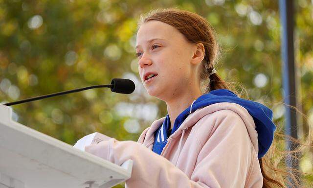 Swedish teen environmental activist Greta Thunberg speaks at a climate change rally in Charlotte