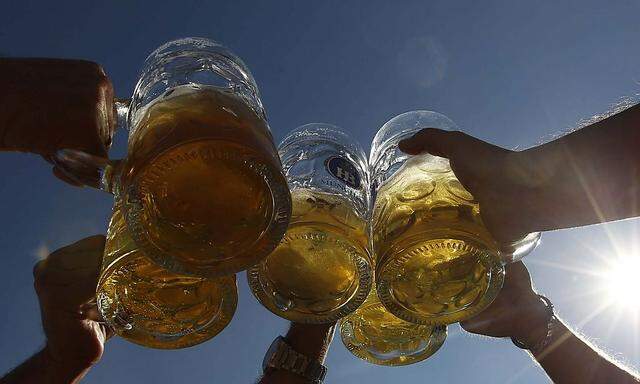 File photo of people toasting with beer mugs at Munich's Oktoberfest