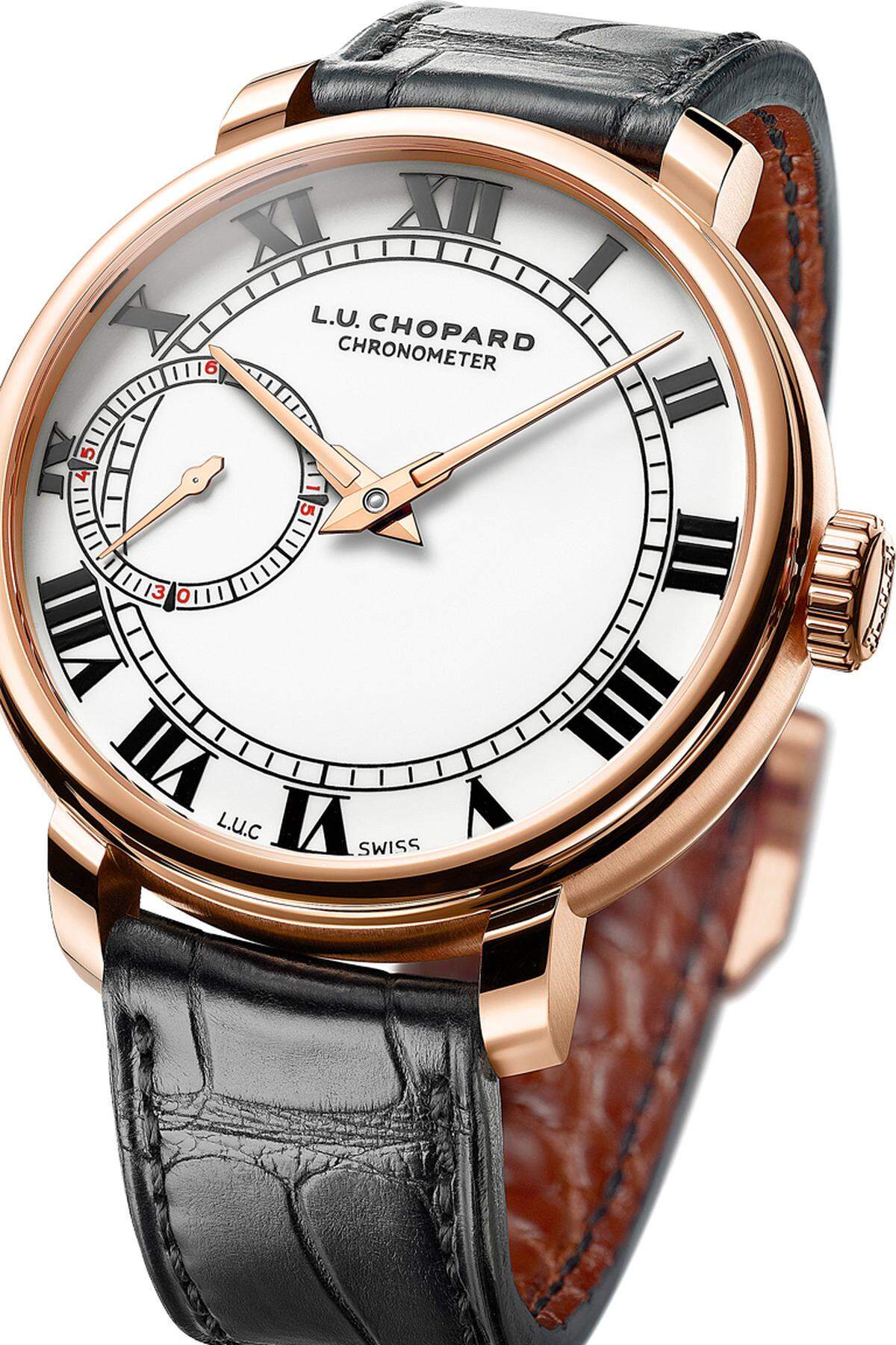 Dieser Armband-Chronometer ist eine Reminiszenz an eine Chopard-Taschenuhr der 1960er-Jahre. Das wunderschön ausgeführte und aufwendig dekorierte Handaufzug-Kaliber ist von der COSC zertifiziert, und es trägt die Genfer Punze.