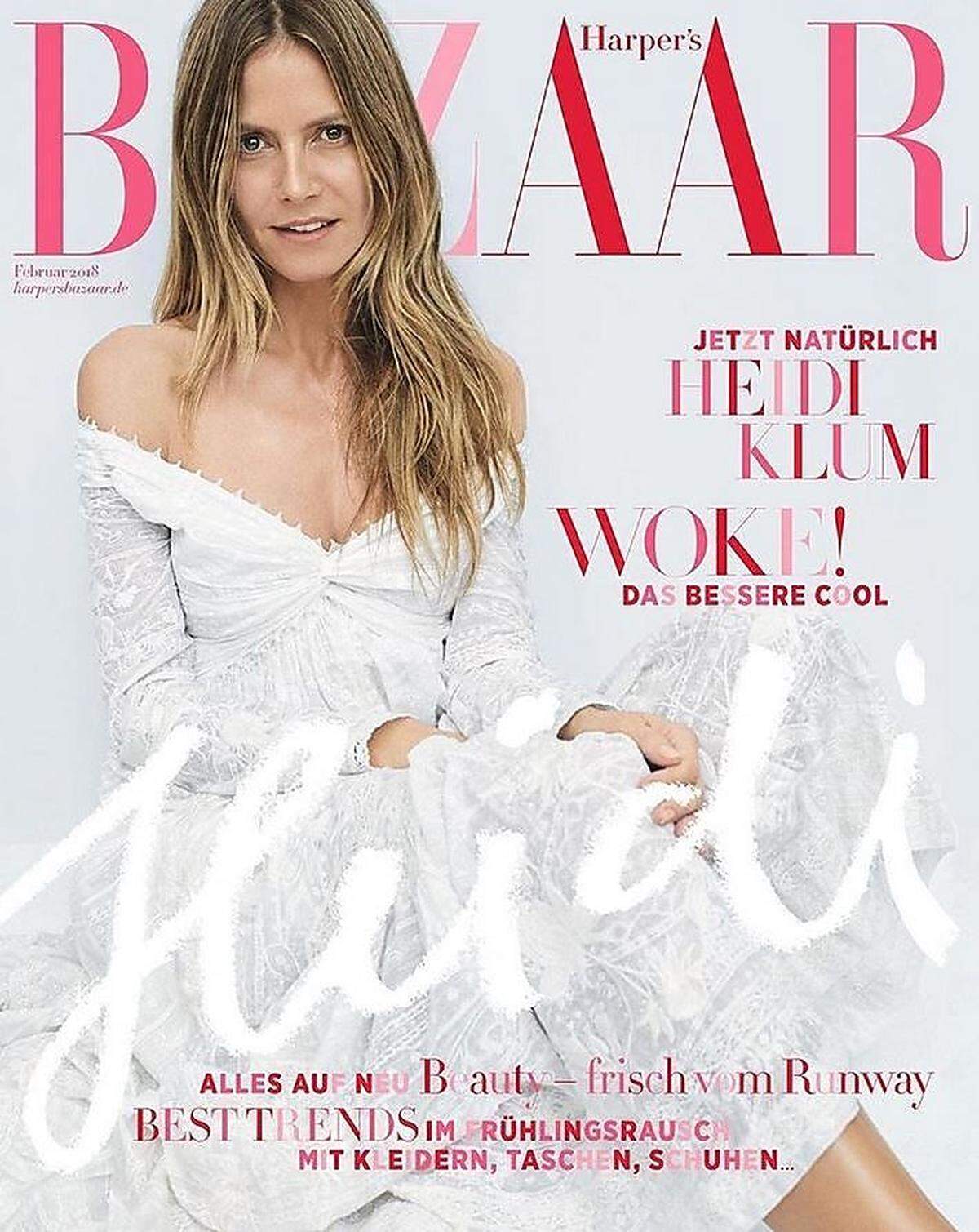 Ihr Beauty-Team war auch bei dem Cover-Shooting für die Februar-Ausgabe des deutschen Magazins "Harper's Bazaar" mit eingebunden - obwohl Klum darauf eigentlich ohne Make-up zu sehen sein soll. Ein bisschen Puder vielleicht? Oder nur Haarstyling?