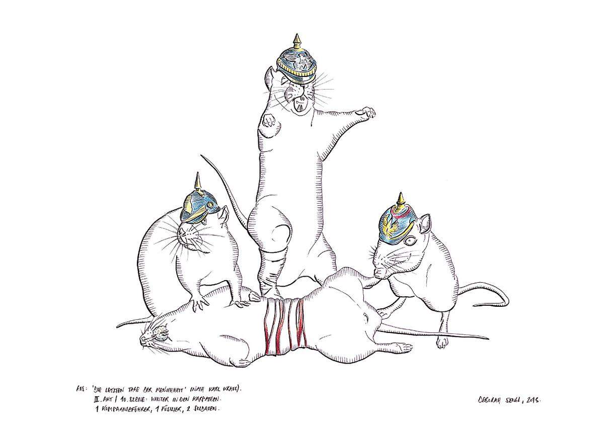 Insgesamt 44 meist kleine Szenen hat Sengl raumgreifend im Großen Saal des Museums mit weißen Ratten nachgestellt, kombiniert mit Zeichnungen und Malerei. Deborah Sengl III. Akt / 10. Szene: Winter in den Karpathen. 1 Kompagnieführer, 1 Füsilier, 2 Soldaten. (c) Deborah Sengl 2014