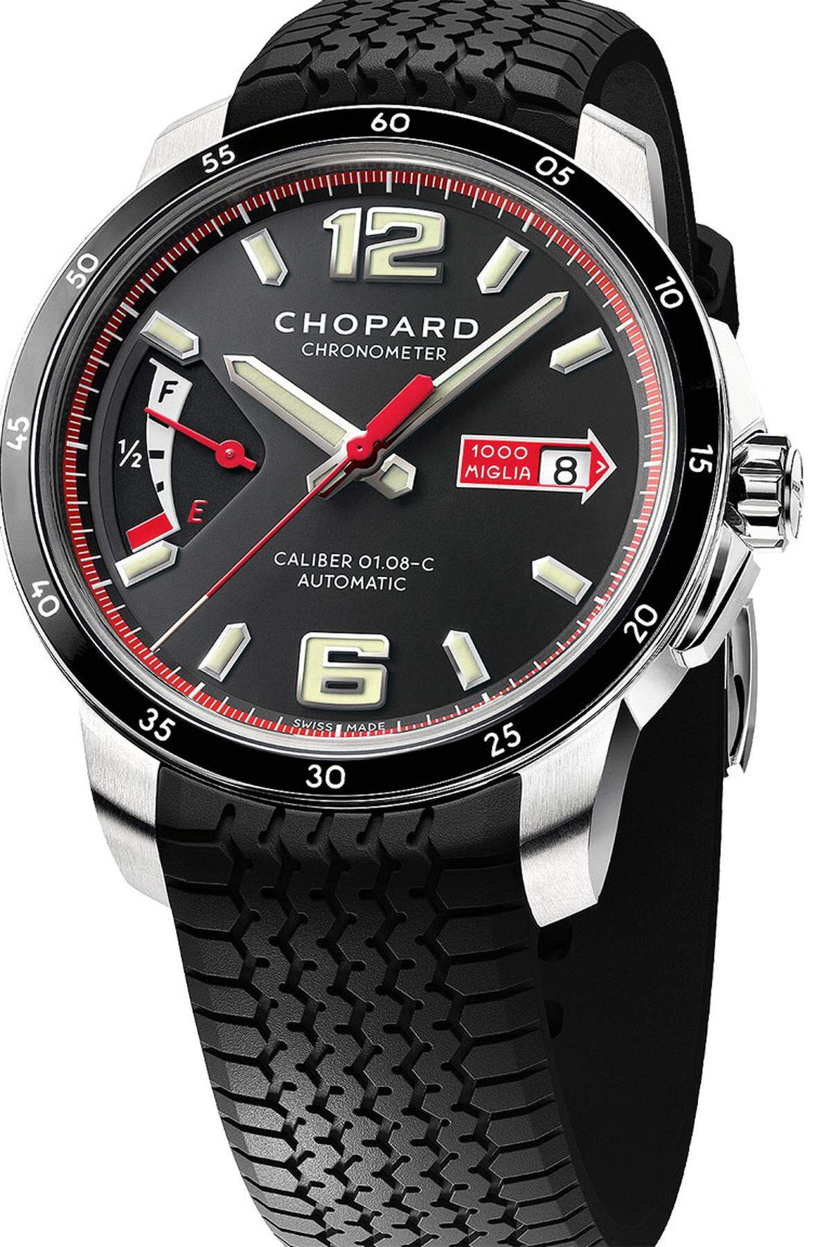Auch die Mille-Miglia-Kollektion wird nun mit Chopard-eigenen Uhrwerken aufgewertet. Neben diesem Dreizeigerkaliber kommt auch ein Chronografenkaliber zum Einsatz.