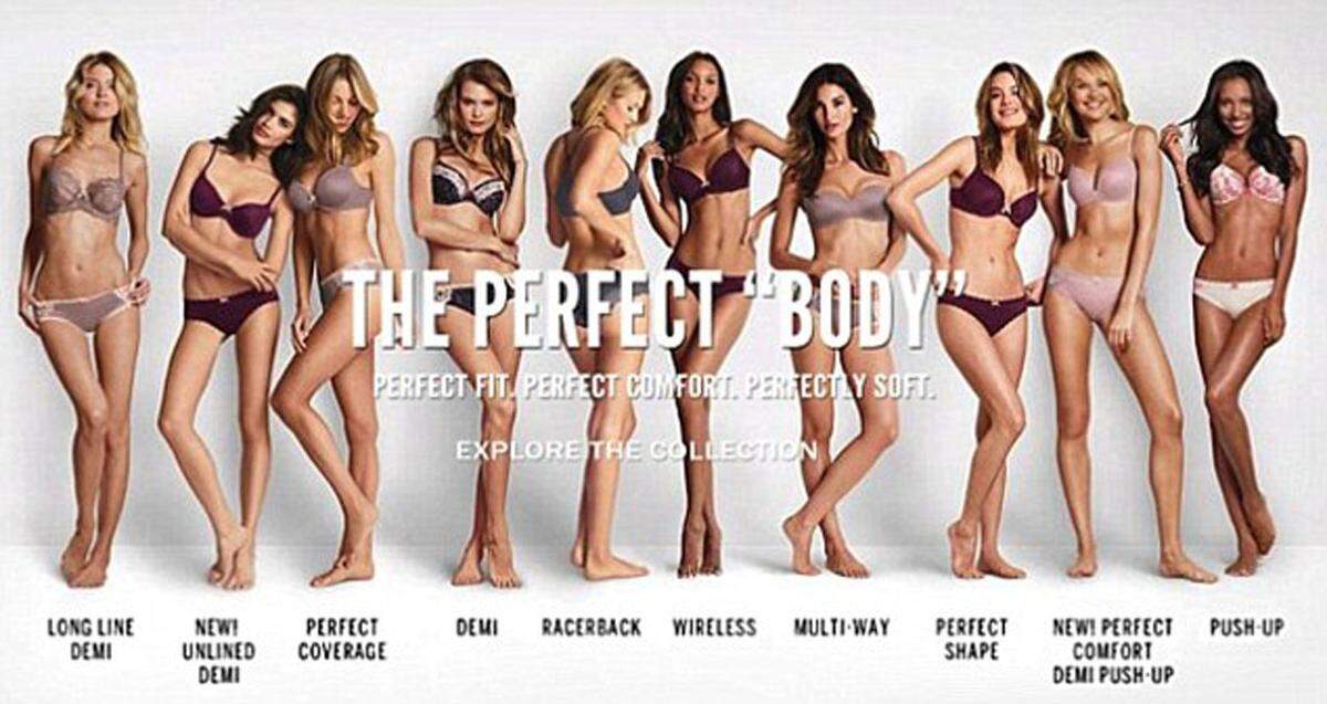 Vor einem Jahr warb Victoria's Secret unter dem Titel "Perfect Body" und wurde dafür stark kritisiert. Danach wurde der Text auf "A Body For Everyone" geändert.