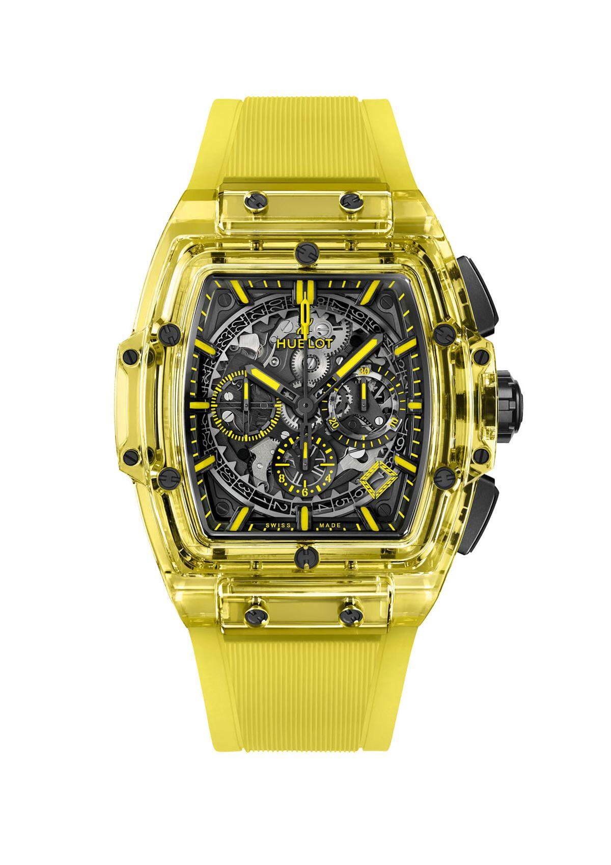 Hublot „Spirit of Big Bang Yellow Sapphire“. Nach Saphirgehäusen in rauchigem Schwarz, Blau, Rot und Transparent hat es Hublot jetzt geschafft, Saphir gelb einzufärben.