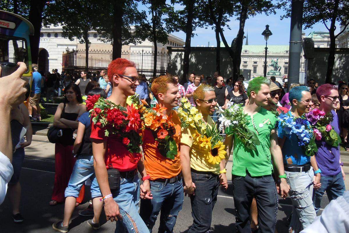 Die Route führte über Oper, Stubenring, Urania, Schwedenplatz, Franz-Josefs-Kai, Börse, Universität, Rathausplatz und Parlament zurück zum Heldenplatz, wo die Pride Celebration stattfindet.