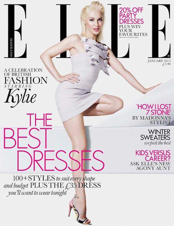 Zum 25-jährigen Bühnenjubiläum von Kylie Minogue zierte die Sängerin das Cover des "Elle"-Magazins. Neben dem Fehlen von Falten sticht aber auch noch etwas anderes ins Auge: Kylie fehlt ein Bein.