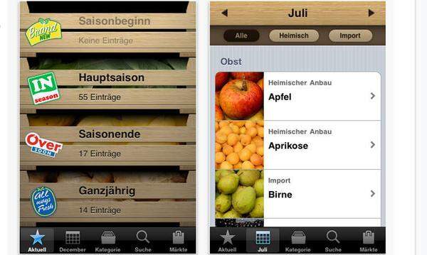 Vielleicht eine Einsteiger-App, aber ein wesentlicher Punkt für eine nachhaltige Lebensweise: die saisonale Ernährung. Wer die Erntezeiten von Obst und Gemüse nicht im Kopf hat, kann auf der Erntefrisch App nachsehen.