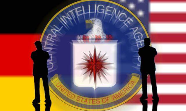 Logo der CIA Central Intelligence Agency mit nachdenklicher Miniatur Figur und Flaggen der USA und B
