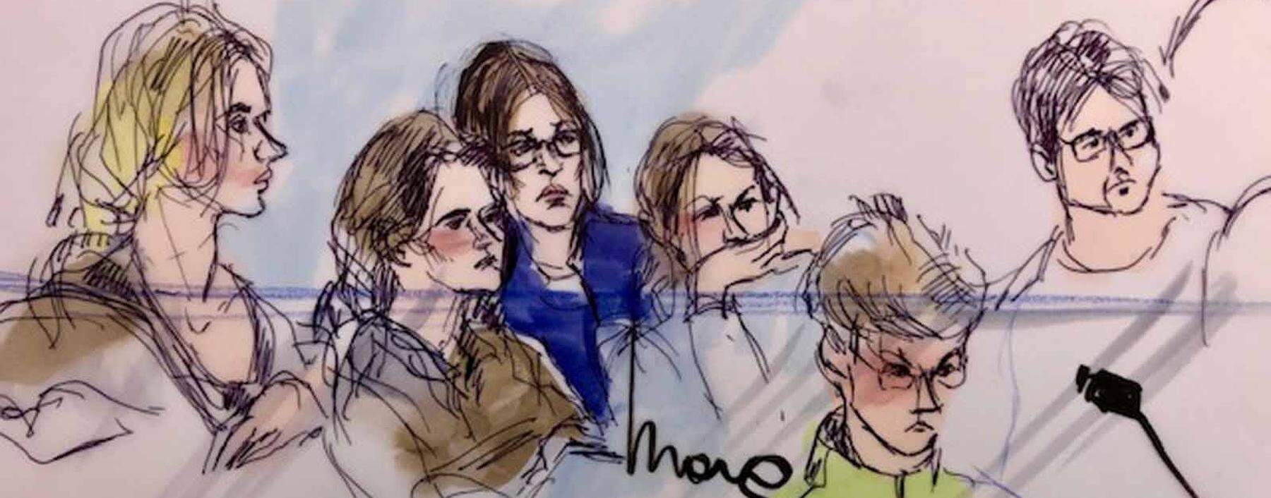 Actor Felicity Huffman appears in this court sketch along with business woman Jane Buckingham and USC women´s soccer assistant soccer coach Laura Janke at an initial hearing for defendants in a racketeering case involving the allegedly fraudulent admissio