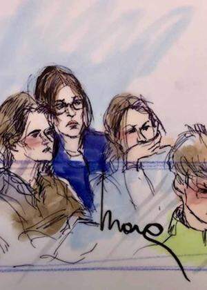Actor Felicity Huffman appears in this court sketch along with business woman Jane Buckingham and USC women´s soccer assistant soccer coach Laura Janke at an initial hearing for defendants in a racketeering case involving the allegedly fraudulent admissio