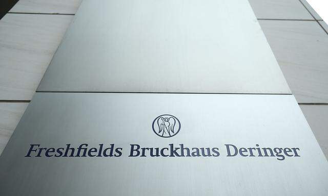 A nameplate of the Freshfields Bruckhaus Deringer LLP office is pictured in Frankfurt