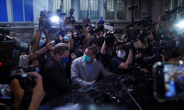 Media mogul Jimmy Lai Chee-ying, founder of Apple Daily, is seen as he was released on bail, after he was arrested by the national security unit in Hong Kong