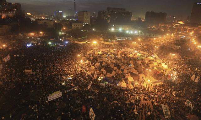 A general view of protesters chanting anti-government slogans in Tahrir Square in Cairo