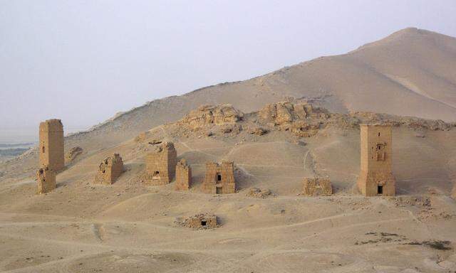 A view shows tower tombs in the Valley of Tombs, west of the historical city of Palmyra