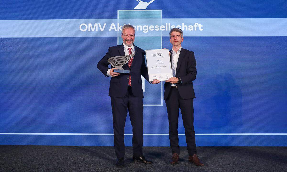 1. Platz Großbetriebe an OMV AG (v. l.): OMV-CFO Reinhard Florey mit PwC Partner Gerald Eibisberger.