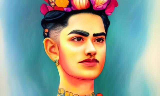 Hidéo Snes will künstlichen Intelligenzen das Malen beibringen. Hier versuchte sich ein KI-Modell am Malstil von Frida Kahlo – ausgehend vom Selfie einer Freundin von Snes.