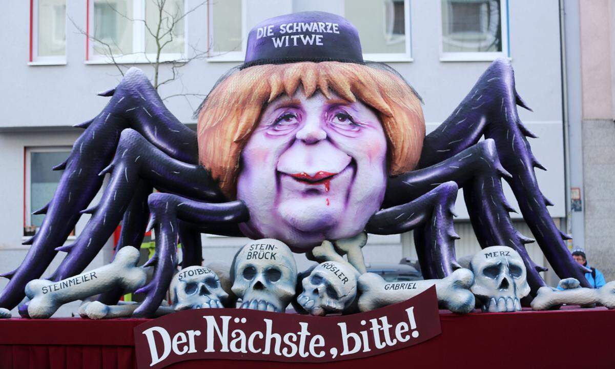Auch Kanzlerin Merkel wird hier wenig schmeichelnd als politische "Schwarze Witwe" dargestellt.