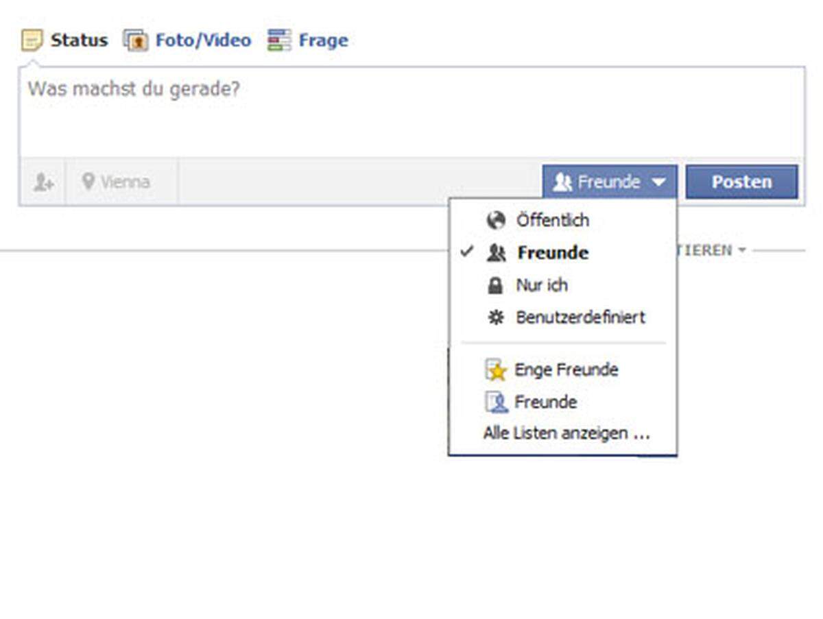 Dass Listen das A und O der Privatsphäre auf Facebook sind, ist lange kein Geheimnis mehr. Da diese Funktion aber so wichtig ist, schadet es nicht, sich hin und wieder damit auseinander zu setzen. Seit einiger Zeit kann auf Facebook jeder einzelne Beitrag mit einer individuellen Sichtbarkeit versehen werden. Hier kann der Beitrag mit einem Klick für einzelne Freundeslisten freigegeben werden. Damit es nicht zu kompliziert wird, sollte man möglichst wenige Listen anlegen, damit man neue Freunde nicht versehentlich falsch zuordnet oder den Überblick verliert, wer nun was sieht.