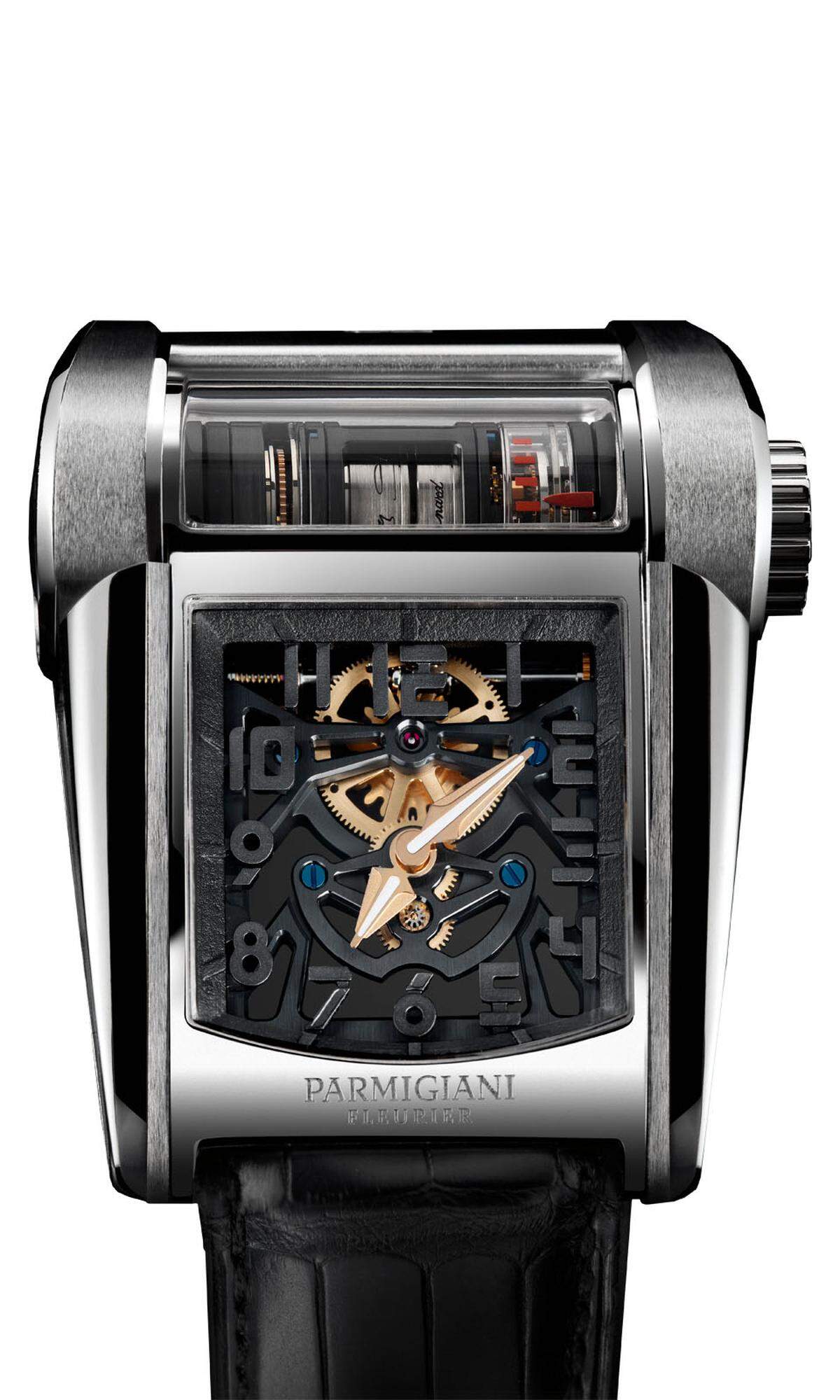 Parmigiani, „Bugatti Type 390“: Bei der Kon­struktion der „Type 390“ hat sich Parmigiani von Form und Technik des neuen „Bugatti Chiron“ ­inspirieren lassen. Das Uhrwerk mit fliegendem Tourbillon ist zylinderförmig. Das Gehäuse besitzt ein Scharnier für größeren Tragekomfort.