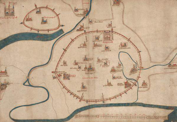 Ursprünglich war der Sinn von Karten der Versuch, eine Stadt in ihrer Totalität visuell zu erfassen - etwa als Vogelschau, Panorama oder Grundrissplan. Mit dem Albertinischen Plan, der auf das Jahr 1421 zurückgehen soll, existiert von Wien einer der ältesten erhaltenen Stadtpläne Europas. "Das ist die stat Wienn", schreib der Zeichner, wenn auch nur einige ausgewählte Elemente dargestellt werden - etwa Ringmauer, Stadttore und Wehrtürme. Und - in der linken oberen Ecke des Blattes ist Pressburg zu sehen. Interessant dabei ist, dass Wien etwa nach Südsüdwest ausgerichtet wurde, Pressburg hingegen grob genordet.