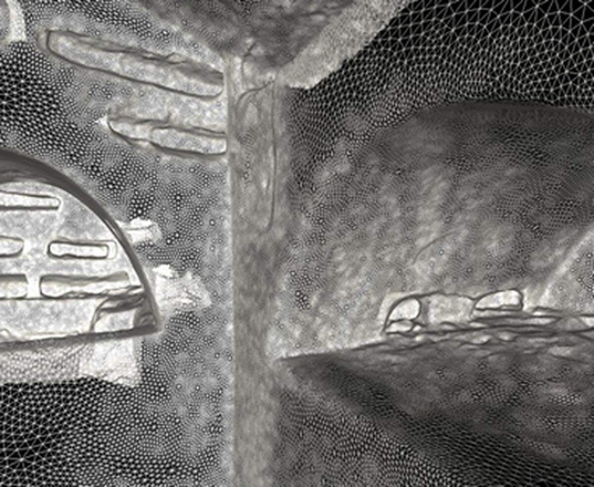 Um aus den Punktwolken fotorealistische Abbildungen der Grabkammern zu produzieren, wurden aus den Punkten Polygonmodelle erzeugt.