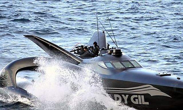 Activists from the Sea Shepherd Conservation Society on their high-tech powerboat Ady Gil sails near 