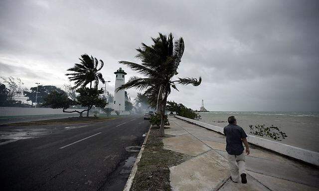 Palm trees move in the wind as a man walks on the shore in Chetumal