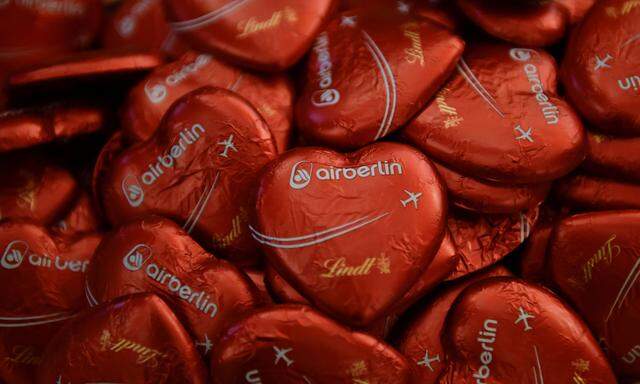 Chocolates with a logo of insolvent German airline Air Berlin before a news conference in Berlin