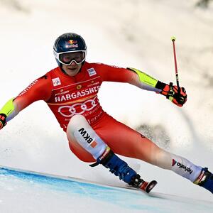 Switzerland's Marco Odermatt competes during the first run of the Men's Giant Slalom event of the FIS Alpine Ski World Championship 2023/2024 in Val d'Isere, French Savoy, on December 9, 2023. (Photo by Jeff PACHOUD / AFP)